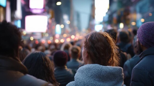A Crowd of People Gathered in a Lively Urban Setting, Capturing the Unforgettable Atmosphere of the City with Bright Lights and Engaging Surroundings