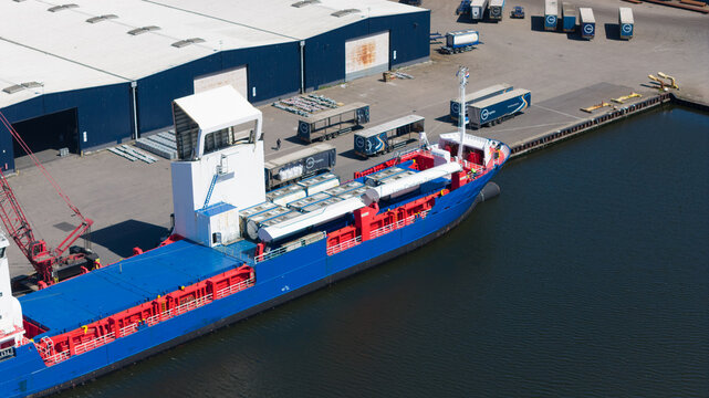Amsterdam, Netherlands - 28 April 2026: Aerial View of Wind Propulsion Technology on Bulk Carrier, ODDA Marie