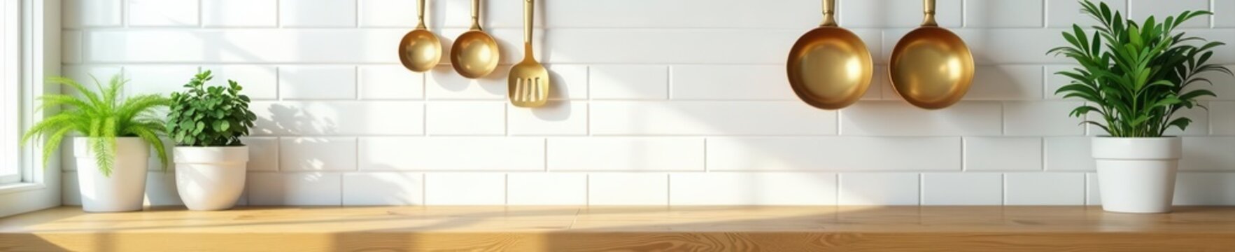 Chef's brass kitchen tools hang neatly above wood surface, white tiles backdrop; potted plant adds life , white tile wall, organized, texture