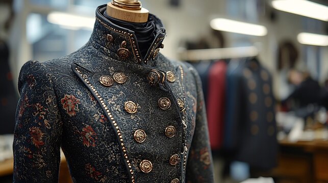 Detailed view of a luxury tailored jacket with ornate gold buttons and floral pattern