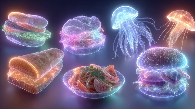 Neon holographic fast food items and jellyfish floating in dark space creating a surreal digital culinary experience with vibrant glowing light effects and texture