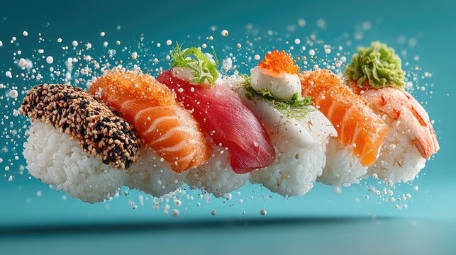 Assorted fresh nigiri sushi pieces levitating midair with dynamic water splashes against a vibrant teal background for a high end japanese culinary presentation
