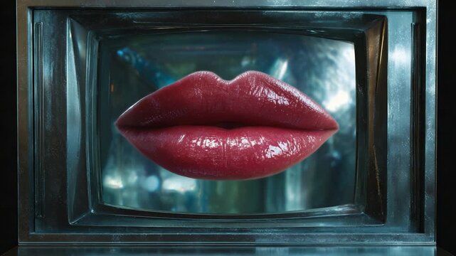 Surreal Close-Up of Glossy Lips Inside a Vintage Television Screen, Capturing a Unique and Artistic Perspective on Beauty and Communication
