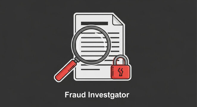 Fraud Investigator Magnifying Glass Document and Lock Icon.