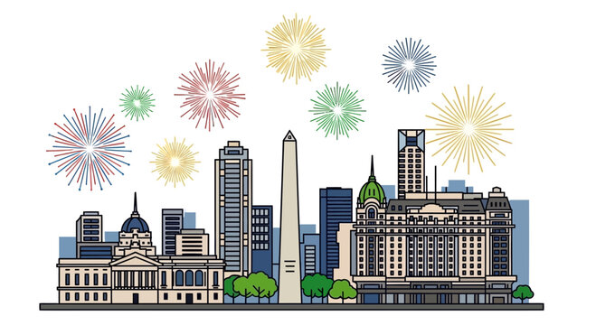 Buenos Aires Skyline with Fireworks - Iconic Buildings and Celebration