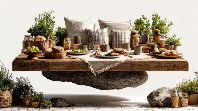 Surreal levitating rustic picnic table featuring assorted fresh bread fruits and cozy pillows floating against a clean minimalist studio background for conceptual art