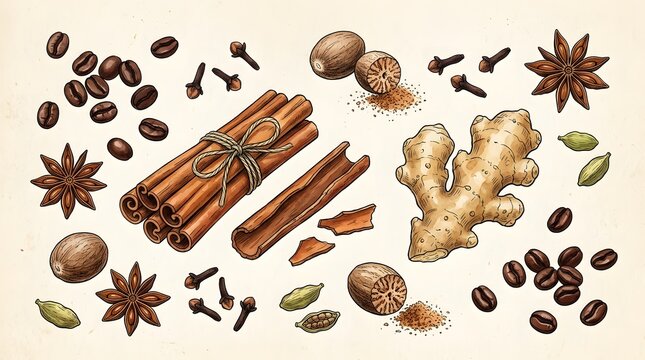 Spices and coffee beans illustration