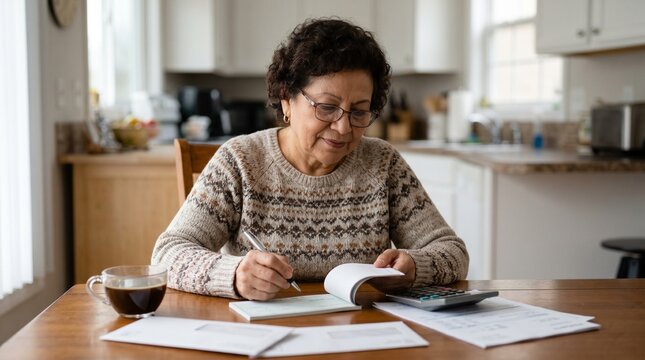 Older Latina financial wellness: woman writing checks at home