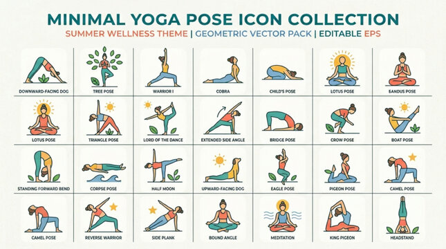 Minimalist yoga pose icons for wellness and fitness geometric vector graphics