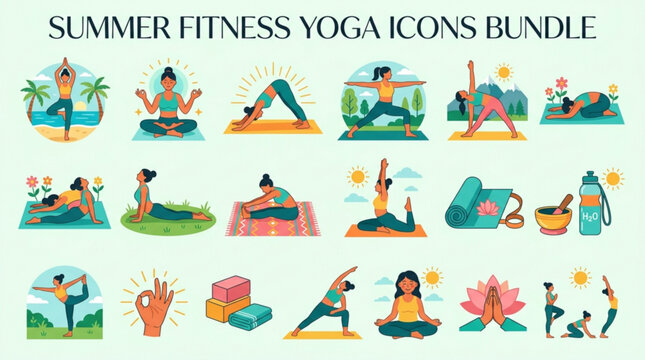 Summer fitness yoga icons bundle with people practicing poses outdoors in various scenic settings