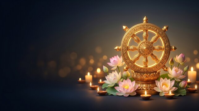 Golden Dharma Wheel with Lotus Flowers and Warm Candlelight Glow for Asalha Puja, Elegant Dark Gradient Background Symbolizing Buddhist Spirituality
