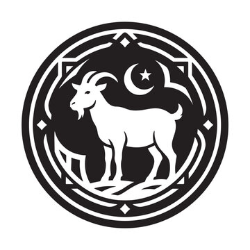 Black and white circular badge with a goat, crescent moon, and star
