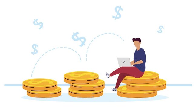Man sitting on stack of coins working on laptop with dollar signs floating around him.