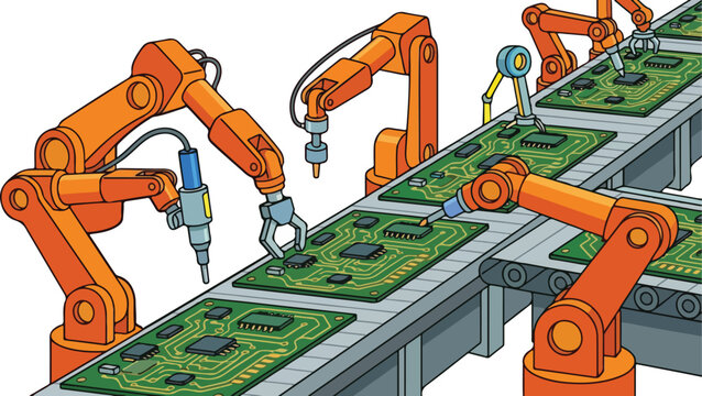 Robots assemble circuit boards on a production line with precision tools