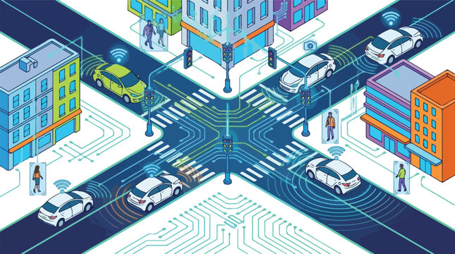 A futuristic city street intersection with cars and people surrounded by colorful buildings and technology lines.