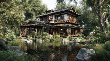 Naklejka premium Tranquil Japanese Style Home Surrounded by Lush Greenery, Serene Water, and Natural Elements in a Peaceful Garden Setting