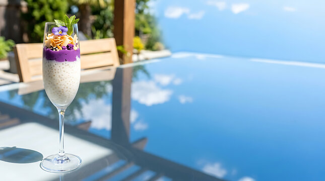 Delicious tapioca pudding parfait with fruit and edible flowers by infinity pool