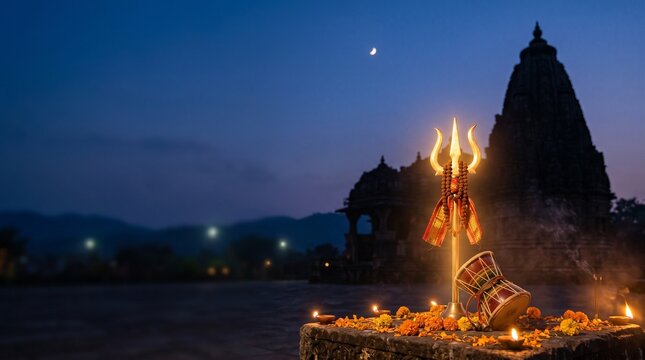 Sacred Glowing Trident and Damaru Drum in Front of Dark Temple Silhouette for Kalashtami Festival, Mystical Spiritual Divine Atmosphere and Night Scene