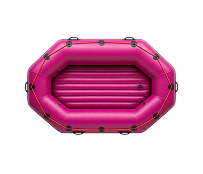 Top view of a pink inflatable white water rafting boat isolated on white background