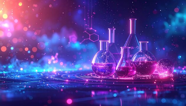 Glowing laboratory glass, vibrant digital art with futuristic elements