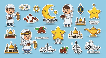 Fototapeta premium Set of cute cartoon ramadan characters stickers and elements with stickers characters lanterns celebration children religion illustration
