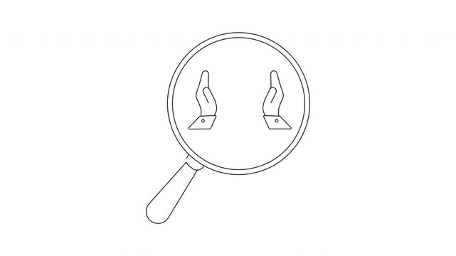 Magnifying glass over hands in prayer symbol.
