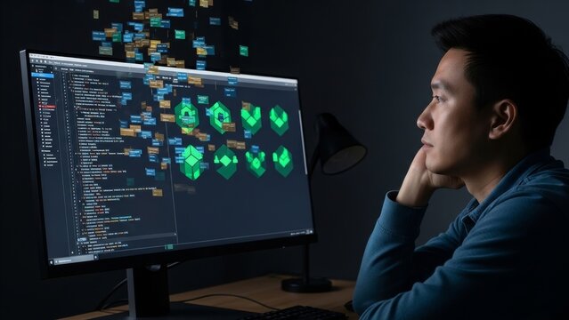 Technology - Asian Developer Contemplating Complex Code and 3D Blockchain Visualization on Monitor