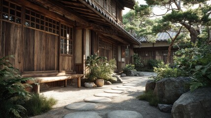 Fototapeta premium Serene Traditional Japanese Garden Pathway Surrounded by Lush Greenery and Wooden Structures for Tranquil Outdoor Experience