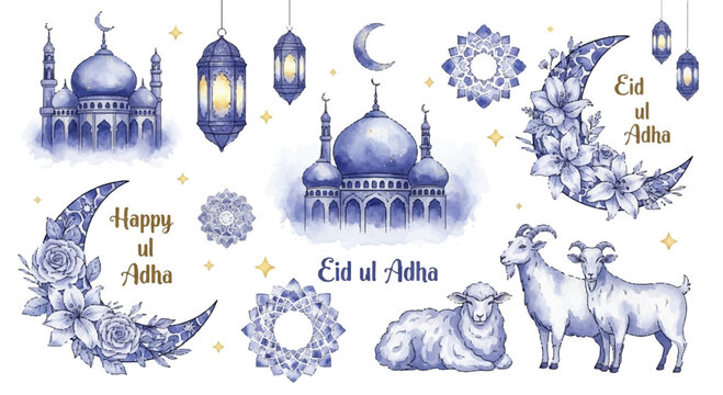 Watercolor illustration set for eid al-adha featuring mosques lanterns floral crescent moons sacrificial animals watercolor illustration crescent