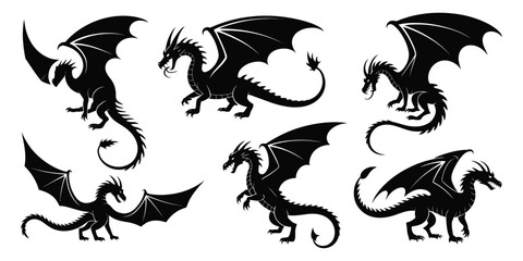 Dragon silhouette collection vector mythical creature fantasy design © MDRifat