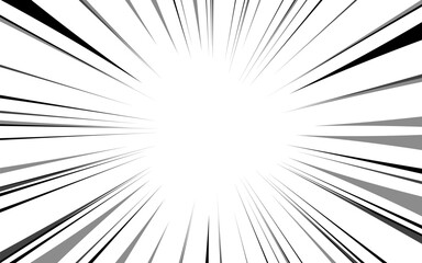 Naklejka premium Manga comic background with speed action effect. Vector radial line frame cartoon pattern anime explosion, black line comic book action.