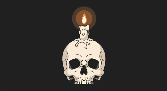 Skull with Candle Burning on Top Dark Background.