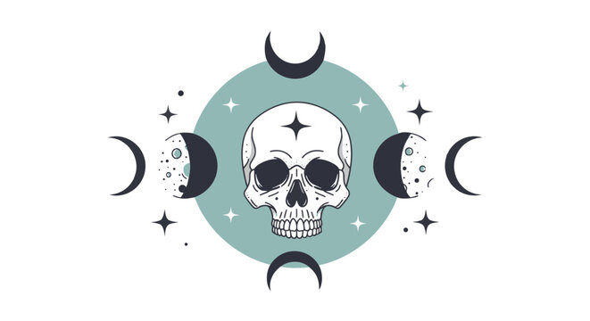 Skull with Moon Phases and Celestial Elements Illustration.