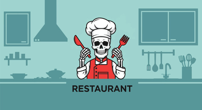 Skull Chef Wearing Chef Hat and Apron in Restaurant Kitchen.