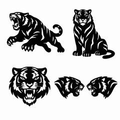 Obraz premium A collection of black and white tiger illustrations featuring various poses including attacking, sitting, and detailed roaring heads, showcasing power and ferocity.