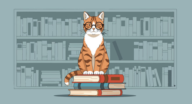 Cute Cat Wearing Glasses Sitting on Bookshelf.