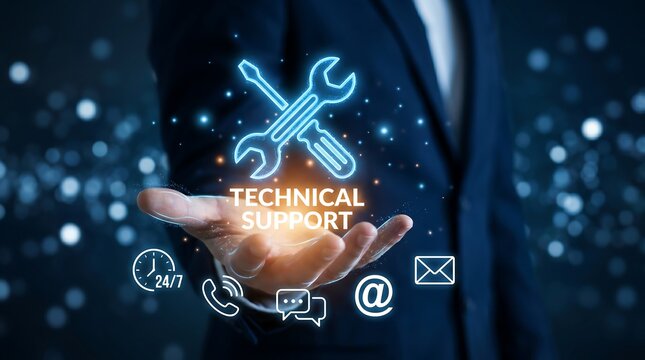 Business executive presenting technical support digital services icon with communication tools and 24-7 assistance availability symbols floating in professional virtual workspace environment