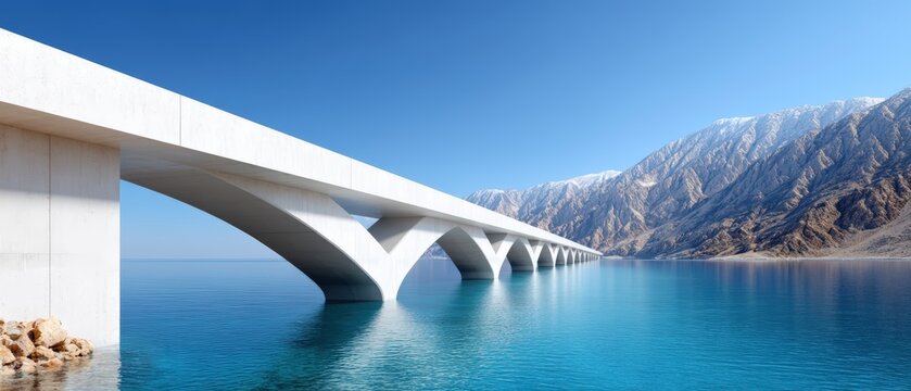 A modern white bridge spans calm turquoise water, set against a backdrop of rugged, snow-capped mountains under a clear blue sky.