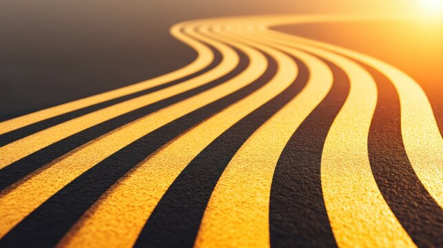 Golden sunlight casts long, curved shadows on a textured surface with parallel yellow and black stripes.