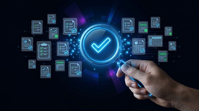 Hand holding magnifying glass over glowing holographic verified document icons interface in dark tech background for data security and document authentication verification concept