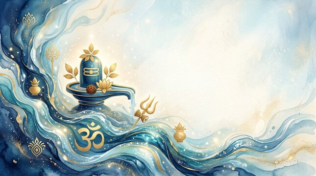 Abstract Shravan Somvar Background with Fluid Blue Water Textures and Golden Ritual Symbols for Minimalist Hindu Spiritual Devotion Design