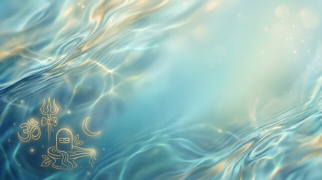 Abstract Shravan Somvar Background with Fluid Blue Water Textures and Golden Ritual Symbols for Minimalist Hindu Spiritual Devotion Design