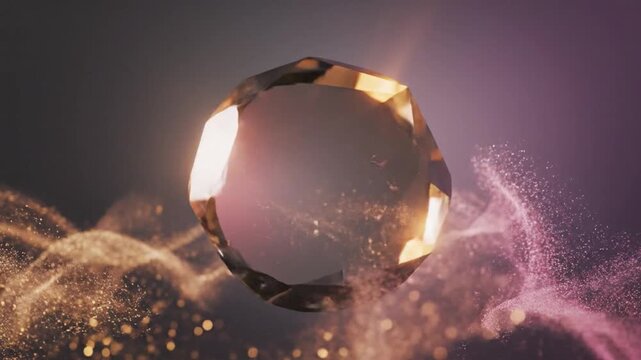 Sparkling jewel display. Elegant gem amidst shimmering sands. Luxurious precious stone on radiant sandy surface. Opulent faceted gemstone resting on sparkling beach with soft lighting