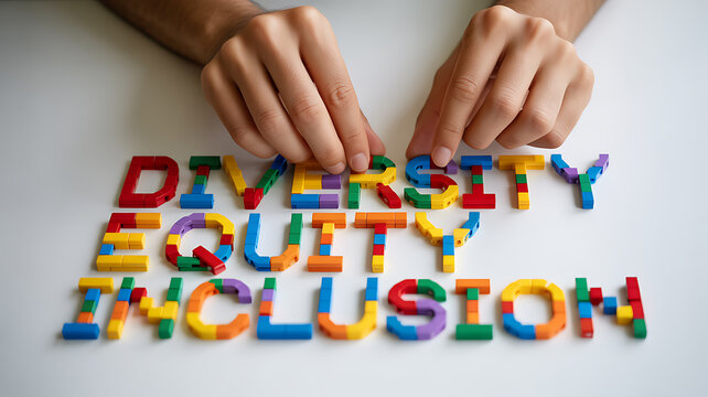 Hands arranging colorful blocks spelling diversity equity inclusion symbolizing luxury, elegance, and premium quality