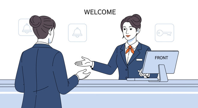 Hotel Receptionist Welcoming Guest to Front Desk