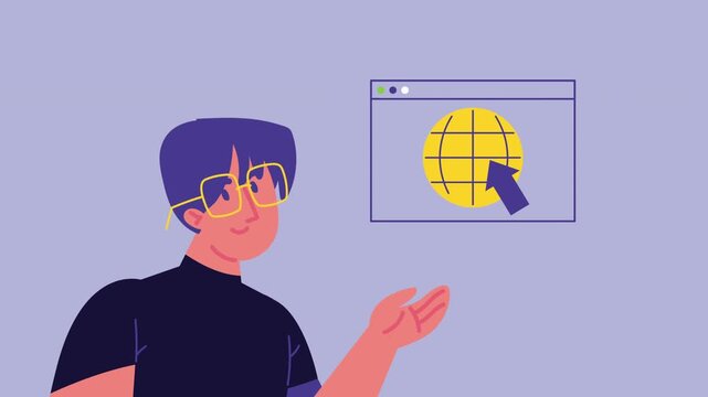 Young man with glasses gesturing towards internet browser window showing globe and cursor icon on purple background.