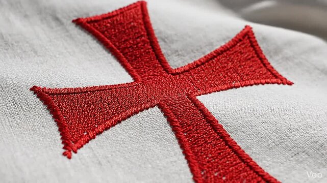 Red Embroidered Cross of the Knights Templar on White Fabric