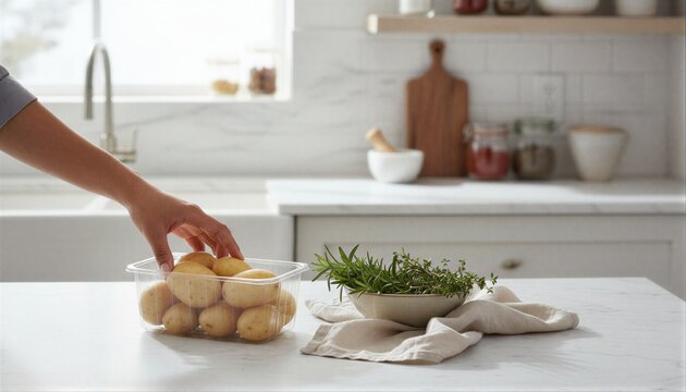 Hand picking potato from container in sunny kitchen