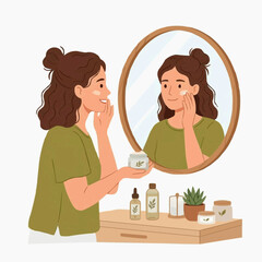 Fototapeta premium Woman applying face cream in front of mirror skincare routine healthy skin