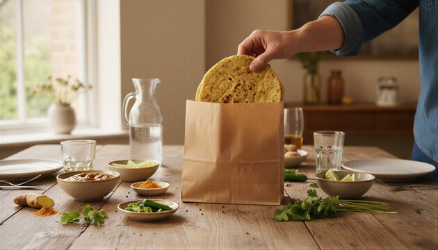 Hand reaching for a warm roti during a casual meal